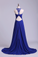 2023 Unique Dark Royal Blue Prom Dress Scoop A Line Chiffon With Beads&Ruffles