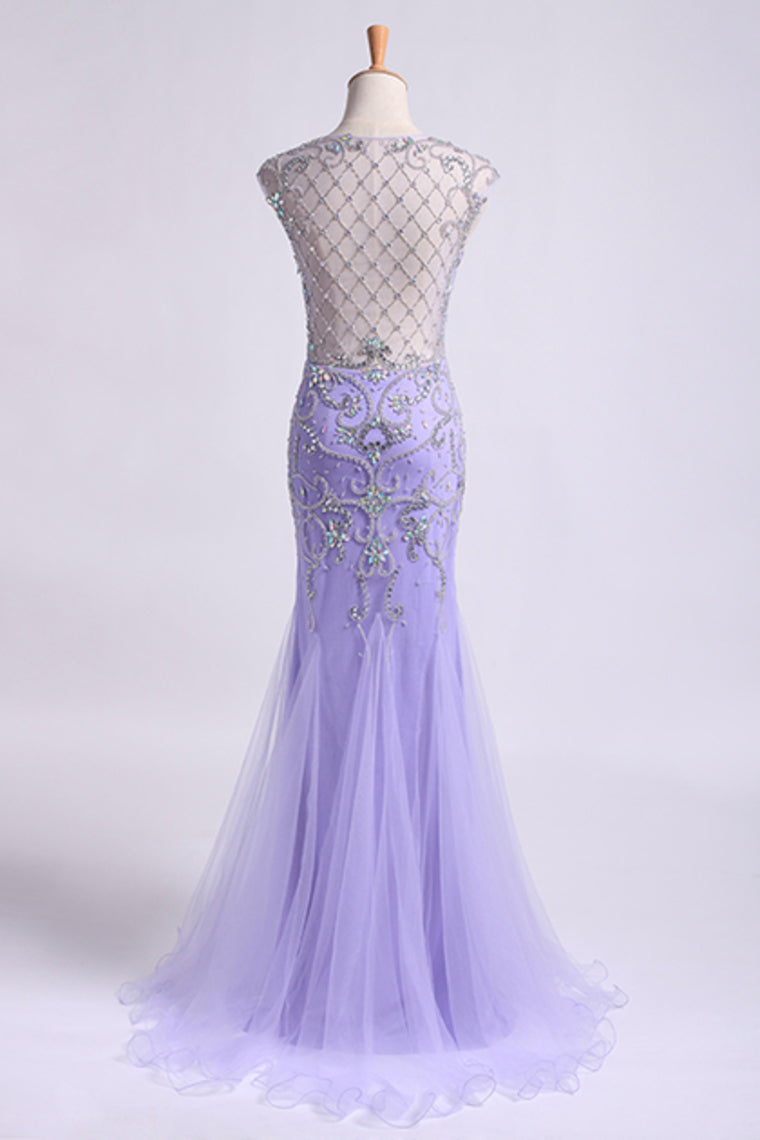 2023 Terrific Scoop Beaded And Fitted Bodice Mermaid/Trumpet Prom Dress Tulle