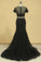 2023 Black Two Pieces Scoop Short Sleeves Mermaid Prom Dresses With Beading Tulle