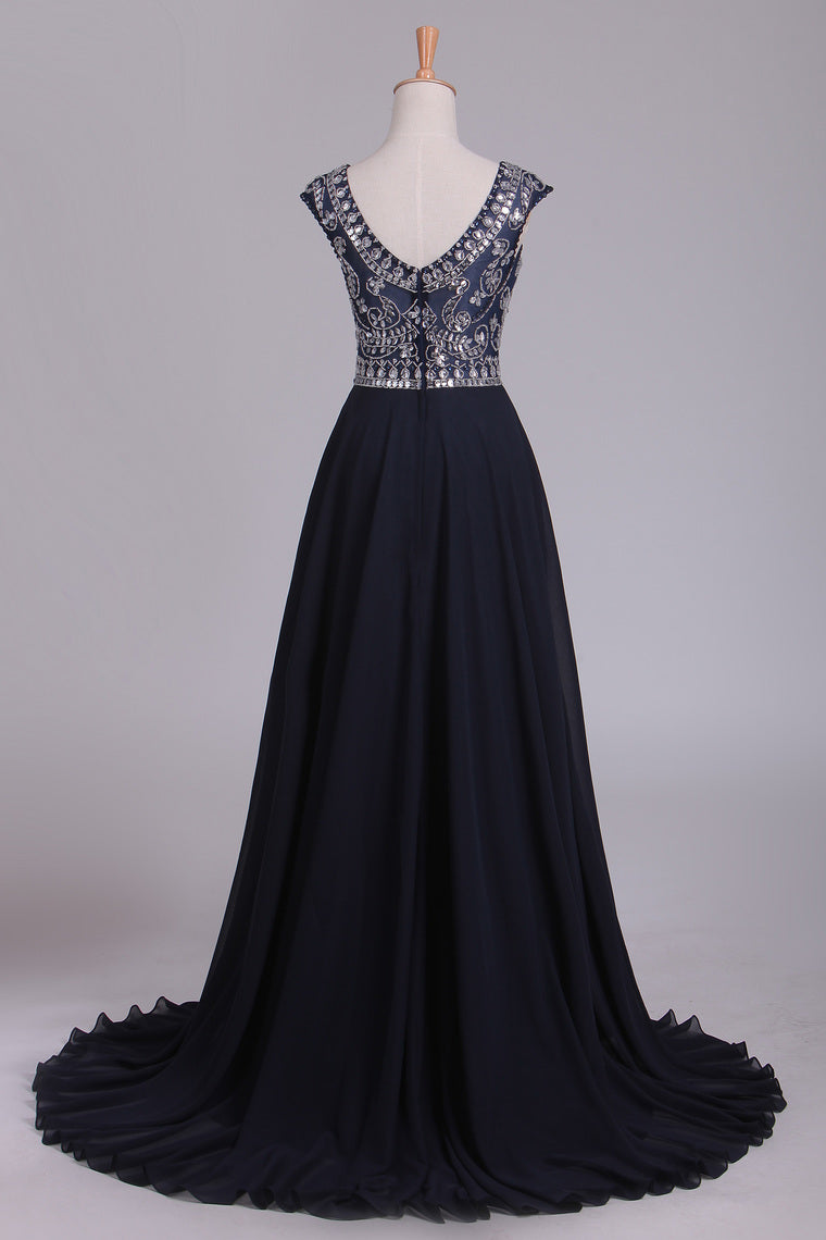 2023 Prom Dresses Scoop Cap Sleeves A Line Chiffon With Beads Sweep Train